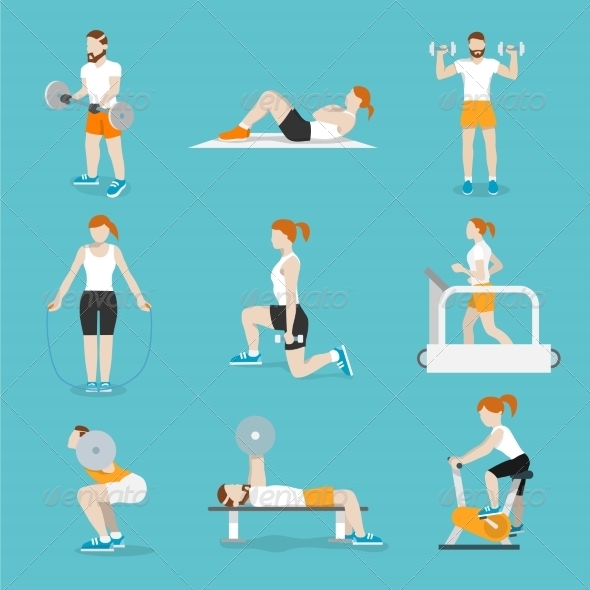 People Gym Exercises Icons Set