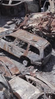 Vertical Video of Burned Cars During the War in Irpin Ukraine alt