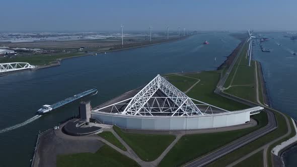Aerial flight to one of the arms of the Maeslantkering storm surge barrier, part of the Delta Works alt