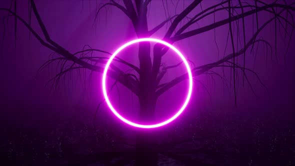 Glowing Purple Circle Logo Frame Front of Tree in the Spooky Dark Foggy Forest alt