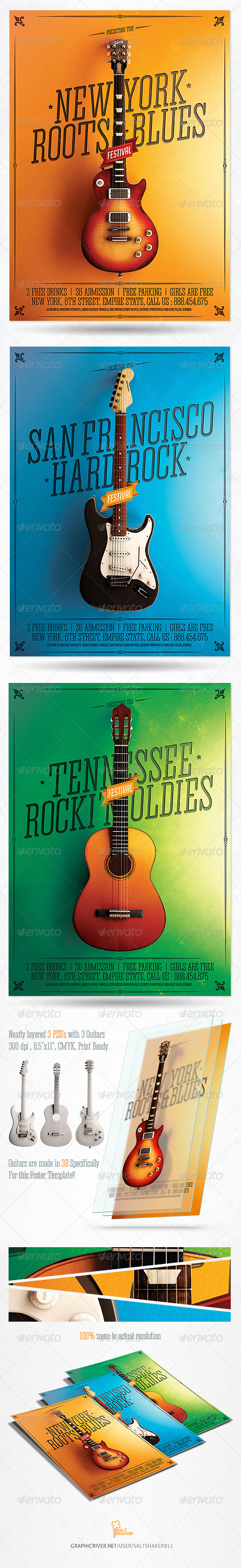 Minimal Rock Festival Poster With 3 Guitars - Concerts Events