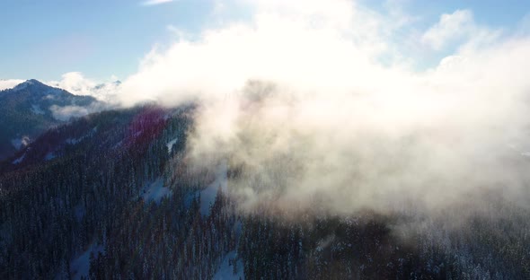 Cloudy Landscape Aerial Helicopter View Above Winter Forest North Cascades Mountain alt