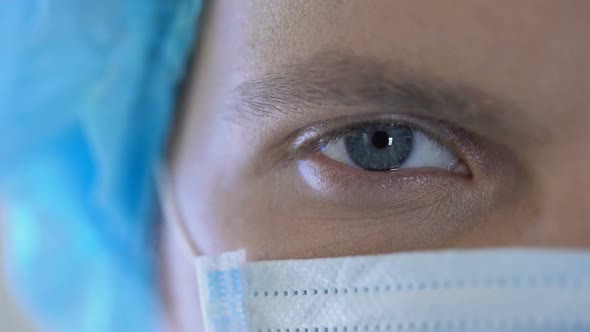 Surgeon Face in Mask, Male Therapist Posing for Camera, Extremely Closeup alt