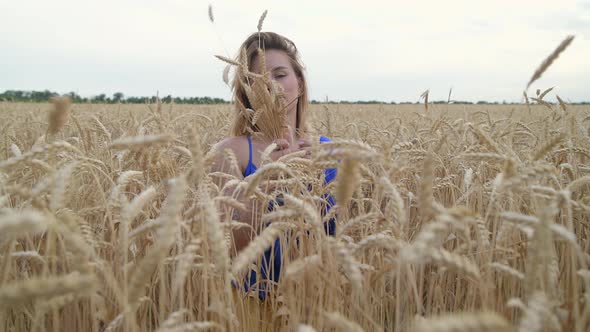 Beautiful Ukrainian Woman Wearing Dress in Ukrainian National Flag Colours Blue and Yellow at Wheat alt