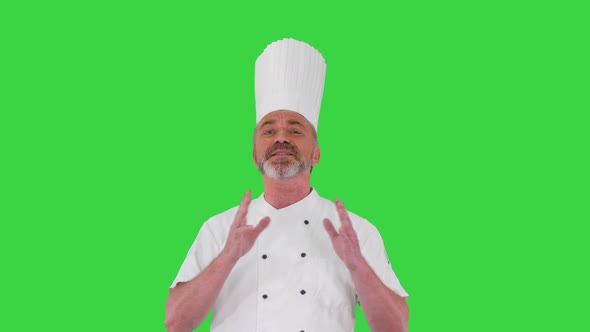 Mature Chef Talking To Camera Explaining Something on a Green Screen Chroma Key alt