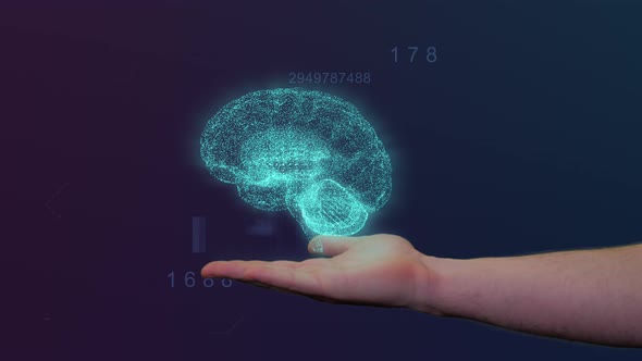 Digital Brain Hologram Appears Above Male Hand With Hud Background 