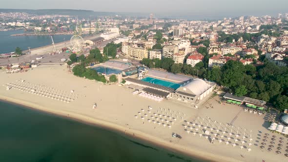 Aerial video of Varna center and the beach. The sea capital of Bulgaria. alt