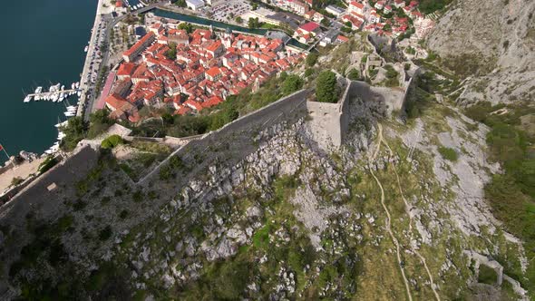 Aerial Shot of the Fortress St John San Giovanni Over the Old Town of Kotor the Famous Tourist Spot alt