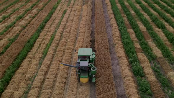 Slow Motion Aerial Shot of Modern Small Harvester Machine is Operating in the Field on Breeding alt