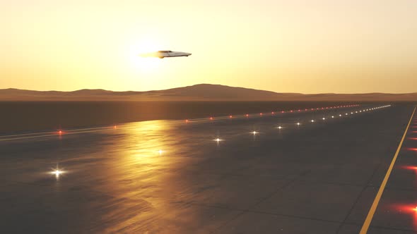 Extraterrestrial spacecraft (UFO) landing on a strip during sunset. 4KHD alt