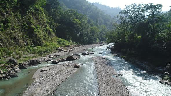The Ganges river near Rishikesh state of Uttarakhand in India seen from the sky alt