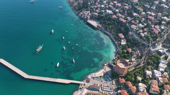 Yachts in the port aerial view 4 K Alanya Turkey alt