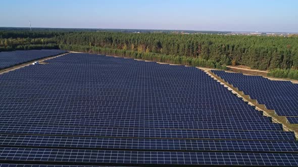 Flight Over Solar Panel Farm, Renewable Green Alternative Energy