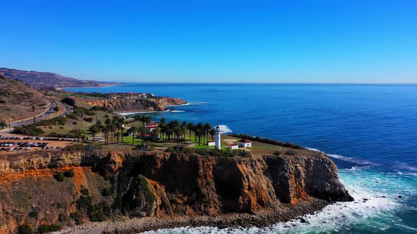 Aerial view slowly panning down at the lighthouse in Rancho Palos Verdes. alt