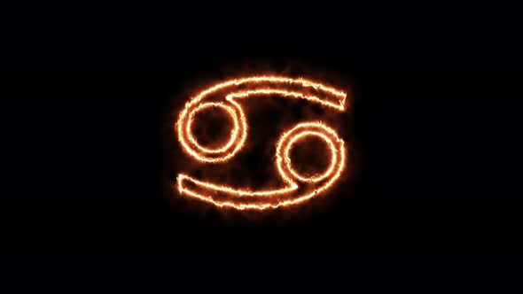 Zodiac signs Cancer on fire. Symbol animation burning in a flame on a black background alt