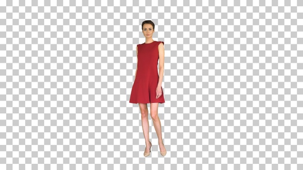 Girl trying red dress turning around like, Alpha Channel alt