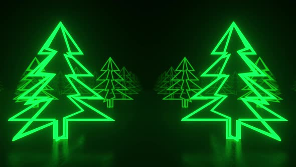 Christmas trees, green neon glow icon on darkness black background alt
