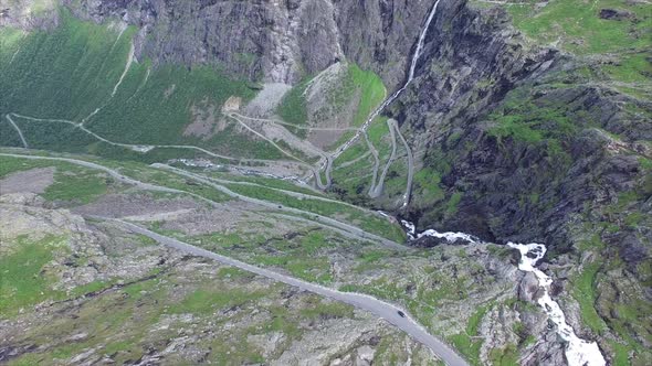 Traffic on Trollstigen pass road, aerial footage