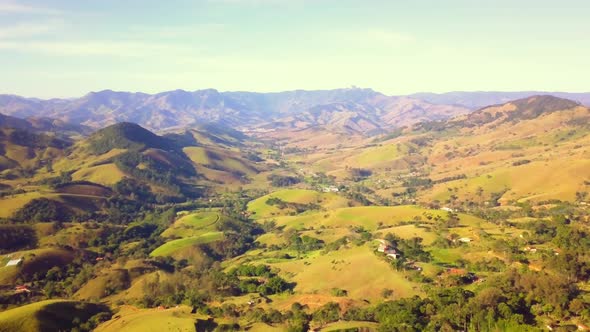 Green landscape in the mountain ranges of Serra da Mantiqueira in Brazil. aerial wide view. alt