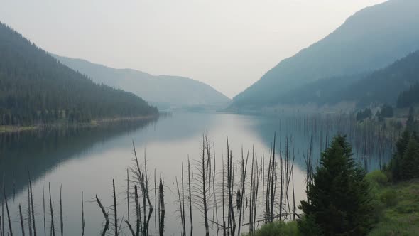 A dynamic aerial shot of the Yellowstone river moving upwards like a jib shot. The place has trees a alt