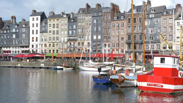 Honfleur waterfront and port with the picturesque buildings displaying their patterns, France alt