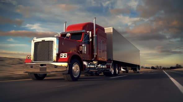 Huge semi-trailer cargo truck riding on the highway. Front view animation. HD alt