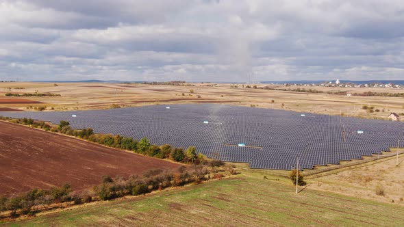 Zoom aerial view of Solar Panels Farm solar cell with sunlight