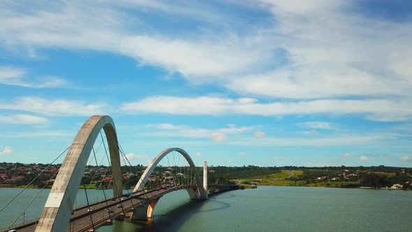 Panoramic drone view of the Juscelino Kubitschek Bridge in Brasilia on a sunny day alt