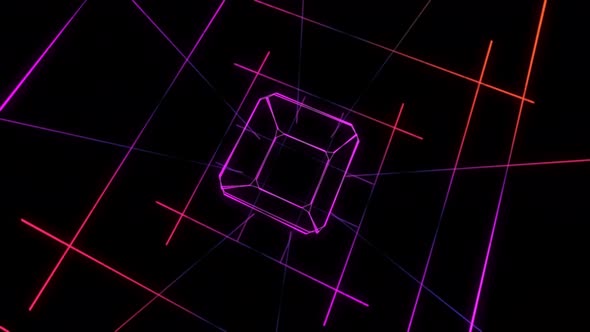 Neon 3D Cube Glowing with Pink Light and Spinning in a Dark Futuristic Room with Mesh Walls alt