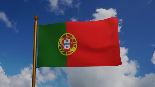National flag of Portugal waving with flagpole and blue sky timelapse alt