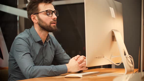 Businessman Remote Working Camera Chatting Colleagues. Internet Online Meeting Conference In Webinar alt