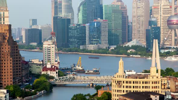 Shanghai Wusong River or Suzhou Creek Urban Cityscape Aerial Skyline Panorama Timelapse Zoom Out alt