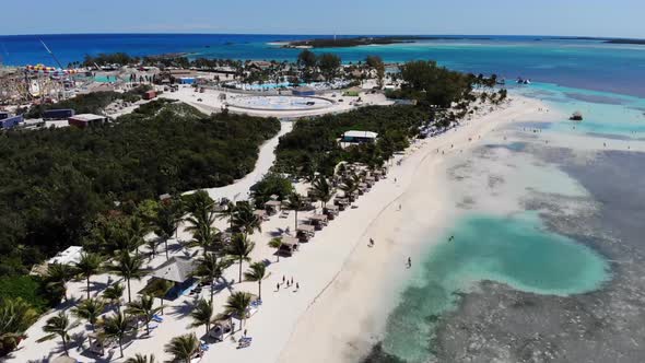 Aerial drone footage of the beautiful tropical beach at Little Stirrup Cay or CocoCay, Bahamas