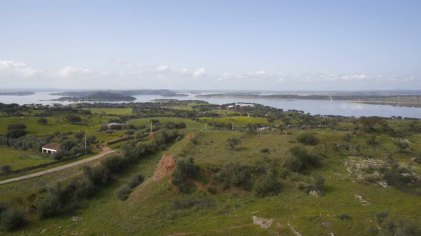 Mourao castle and alqueva dam reservoir in Alentejo, Portugal alt