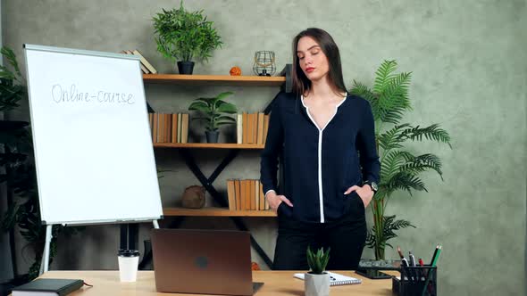 Businesswoman listens report achieving targets online video call webcam laptop alt