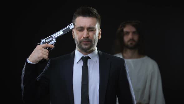 Sad Male Aiming Gun Himself, Jesus Christ Bringing Back to Life, Loss of Hope alt