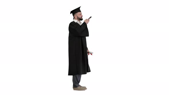 Mature Man Graduate Student Using Digital Helper Voice Recognition on White Background alt