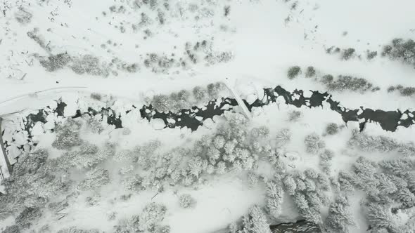 Top down aerial of small river in a frozen, snow covered valley with pine trees alt