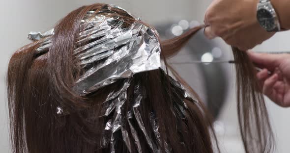 Stylist hairdresser makes hair coloring alt