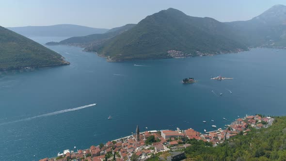 Aerial View of Boka Bay and Old Town Perast in Montenegro