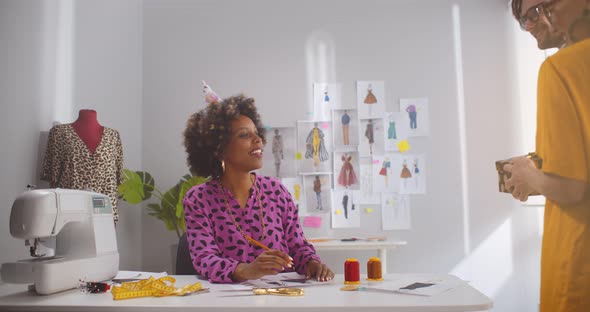 Colleagues Congratulating African Female Designer and Giving Birthday Gift alt