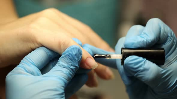 Manicurist in Blue Gloves Paints Nails. Applies Gel Polish To the Nail Plate