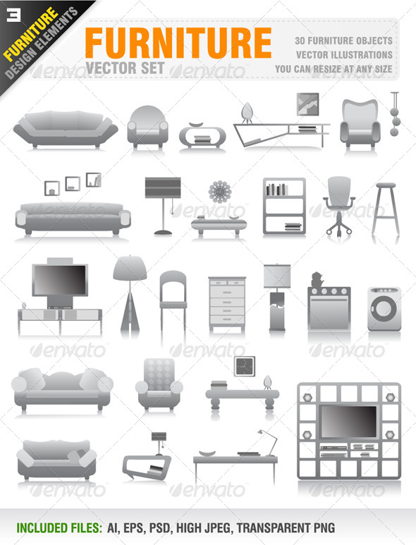 30 Furniture Icons - Objects Vectors