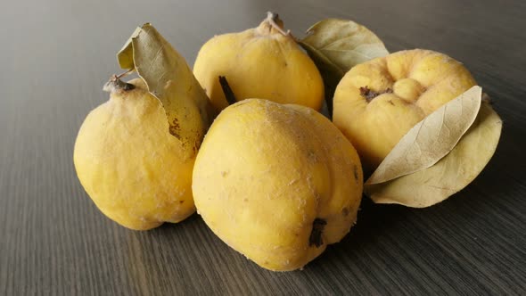 Panning over organic Cydonium malum  close-up 4K 2160p 30fps UltraHD footage - Edible  quinces slow  alt