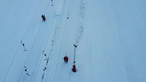 Aerial View of Downhill Skiing at Local Ski Resort. Ski Lift. Russia, Leningrdaskaya Oblast, Village