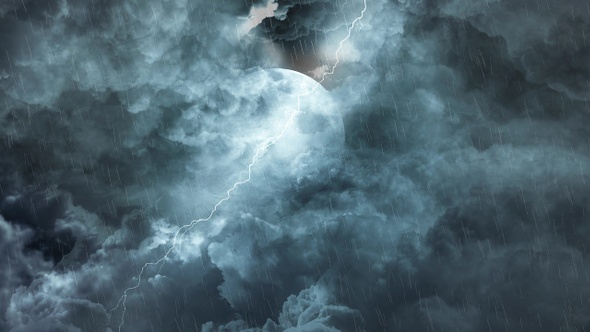 Abstract Dark Night Thunder Clouds with Lightning Strikes and Moon
