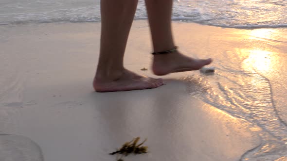 Female Legs Walk Along the Sandy Beach alt