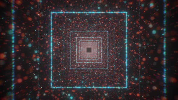 Infinite Light in the End of the Square Shaped Tunnel of Glowing Dots and Particles alt