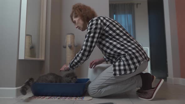 Elderly Pet Owner Prepares Indoor Cat Litter Box with Scottish Straight Cat at Home alt