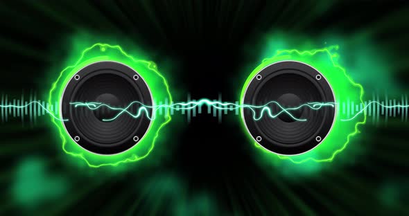 Loudspeaker and equalizer on black-green background.Loop.